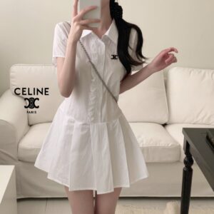 셀린느 자수로고 8742 프릴 핀턱 카라 원피스
