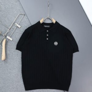필립플레인 PP 로고 패치 펀칭 카라 반팔 니트