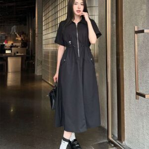 디올 드로우스트링 나일론 롱 플레어 카라 원피스
