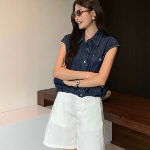 셀린느 드로우스트링 크롭 데님 슬리브리스 셔츠